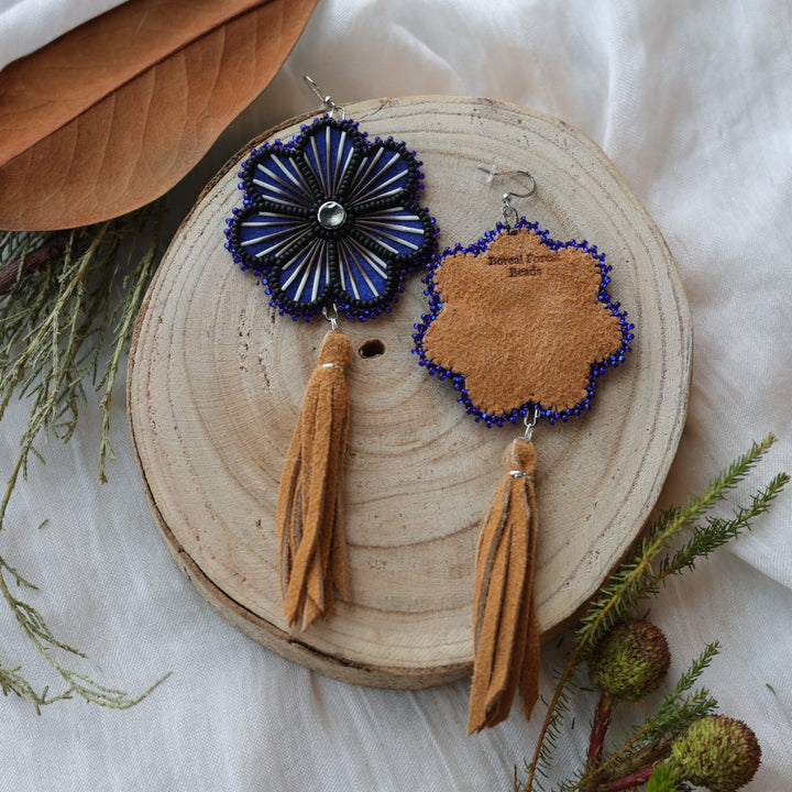 Boreal Forest Beads Floral Moose Hide Tassel Earrings