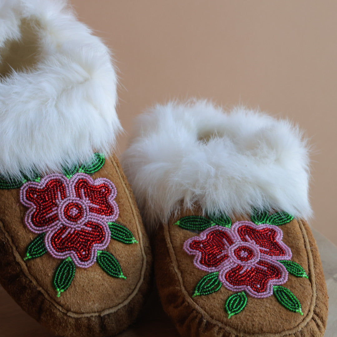 Emily J. Red & Pink 3-Petal Floral Moose Hide Moccasins