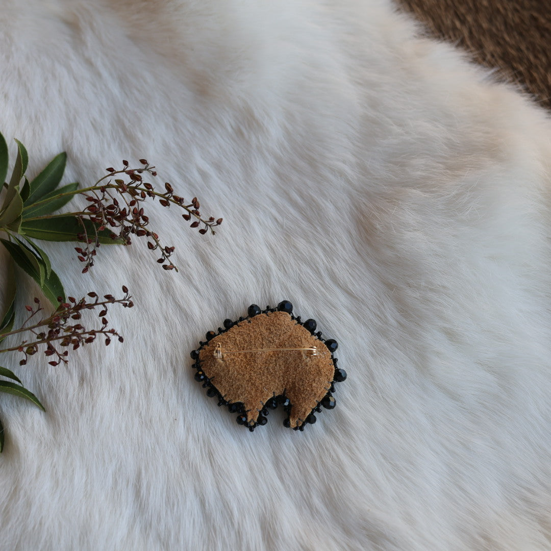 Mercedes G. Teal Quill & Floral Beaded Bison Brooch