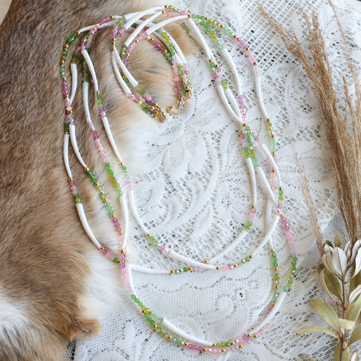 Prairie Sage Beadwork Green & Pink Dentalium Earrings & Necklace Set