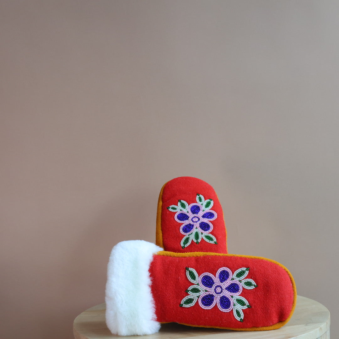 Emily J. Red Felt & Sheep Shearling Moose Hide Mittens
