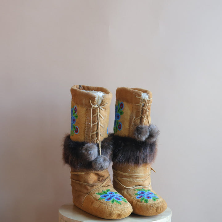 Emily J. Smoked Moose Hide 5 Petal Floral Detail Mukluks