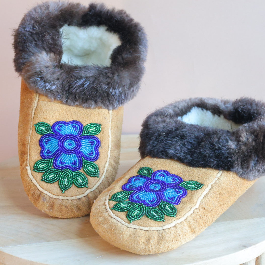 Emily J. Blue Floral Moose Hide Moccasins