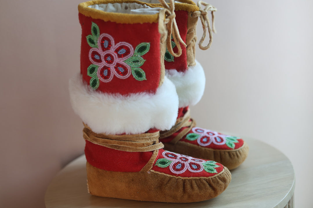 Emily J. Youth Red Felt & Moose Hide Mukluks