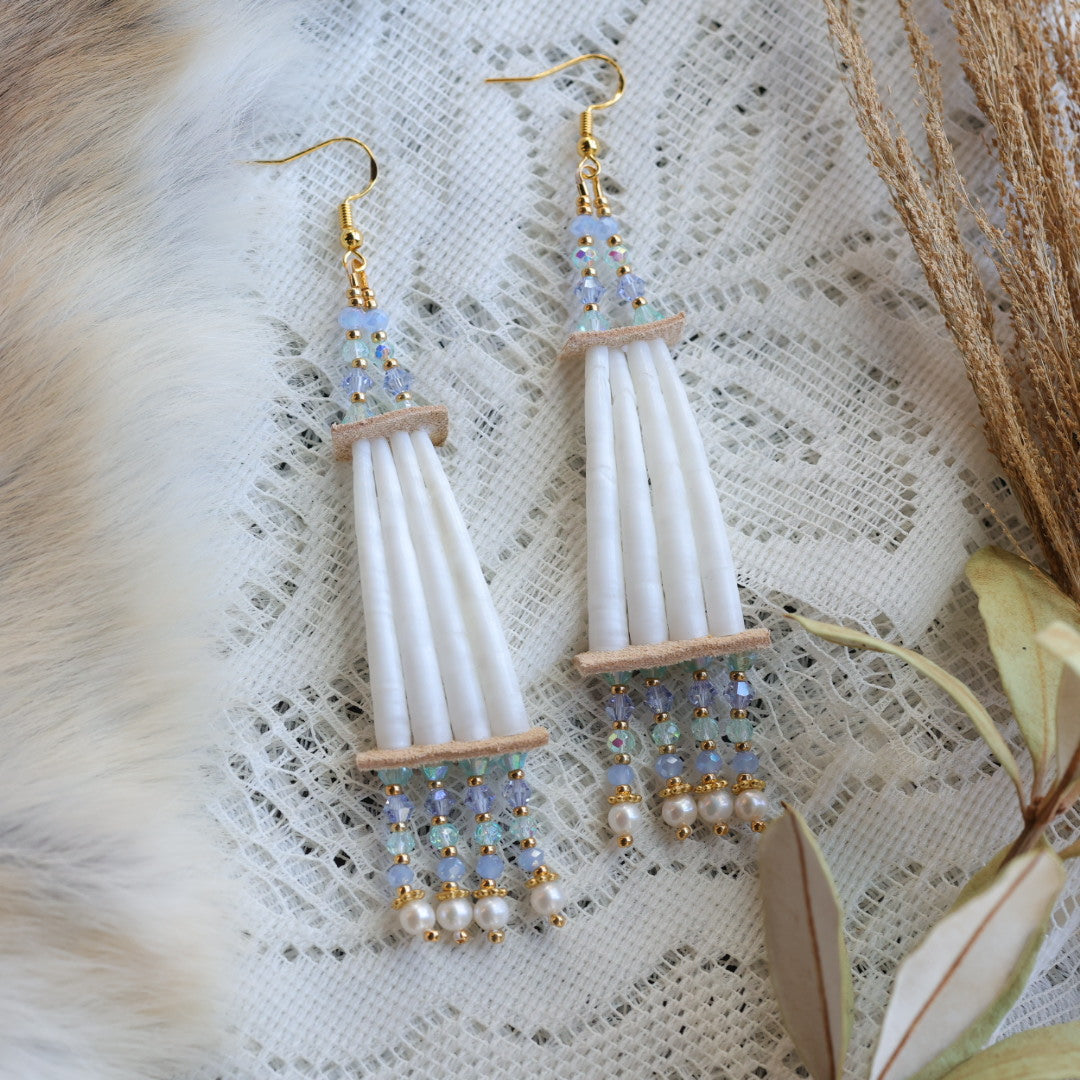 Prairie Sage Beadwork Dentalium & Green Drop Earrings