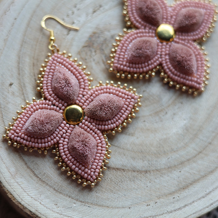 Prairie Sage Beadwork Four Petal Tufted Floral Earrings