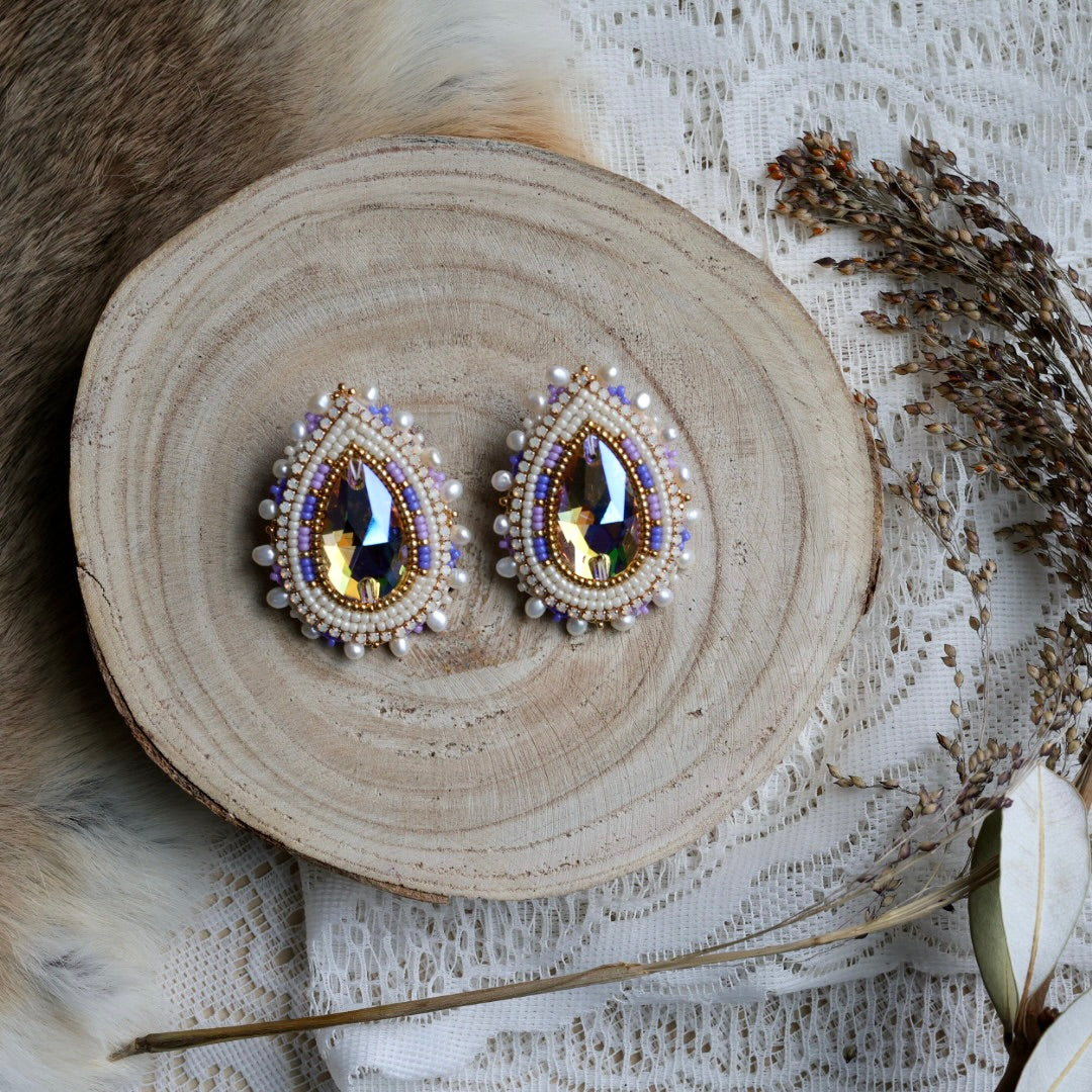 Prairie Sage Beadwork Purple Austrian Teardrop Beaded Earrings