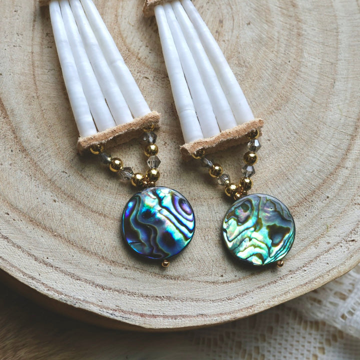 Prairie Sage Beadwork Abalone & Stacked Dentallium Earrings