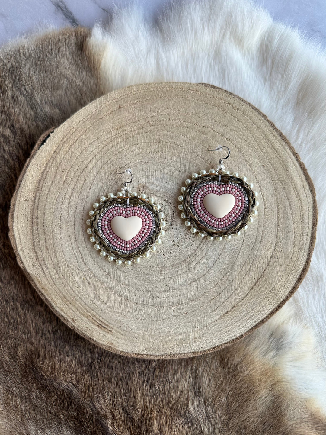 Katawashishin Beadwork Heart Sweetgrass Earrings