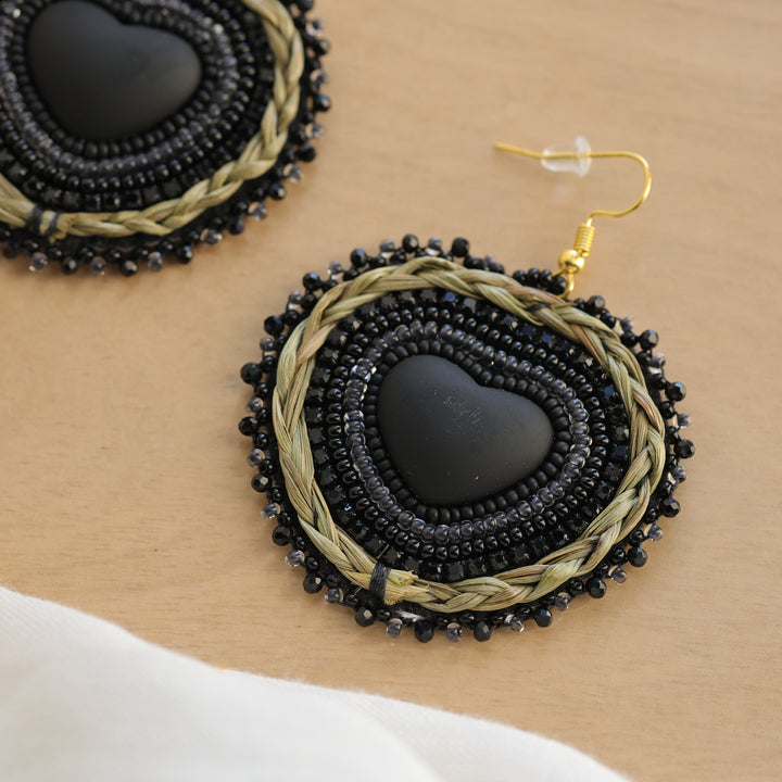 Nikki P. Braided Sweetgrass Beaded Heart Earrings