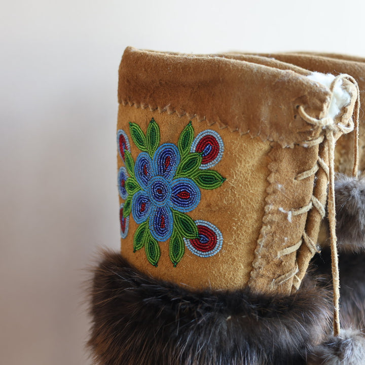 Emily J. Smoked Moose Hide 5 Petal Floral Detail Mukluks