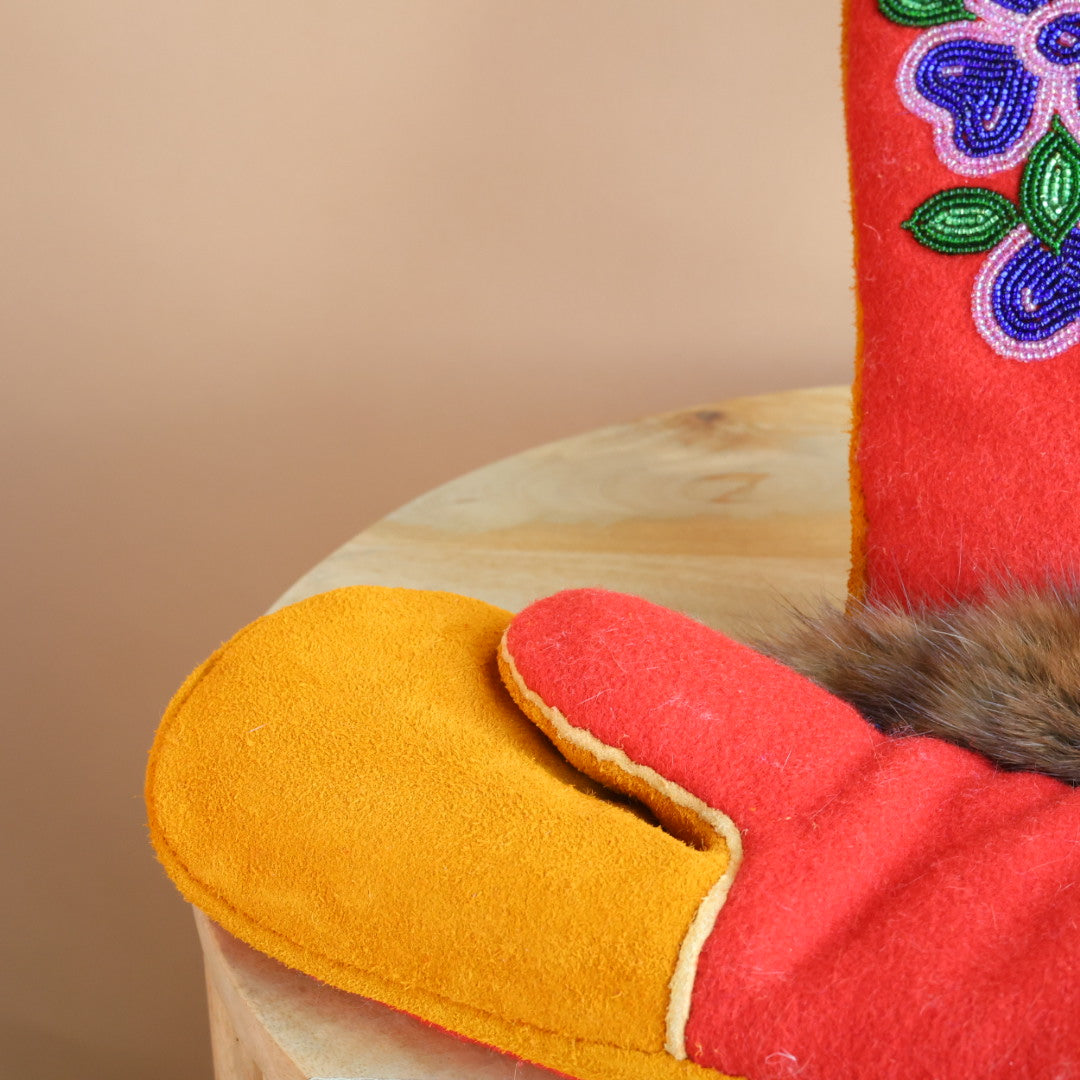 Emily J. Red Felt & Beaver Pelt Moose Hide Mittens