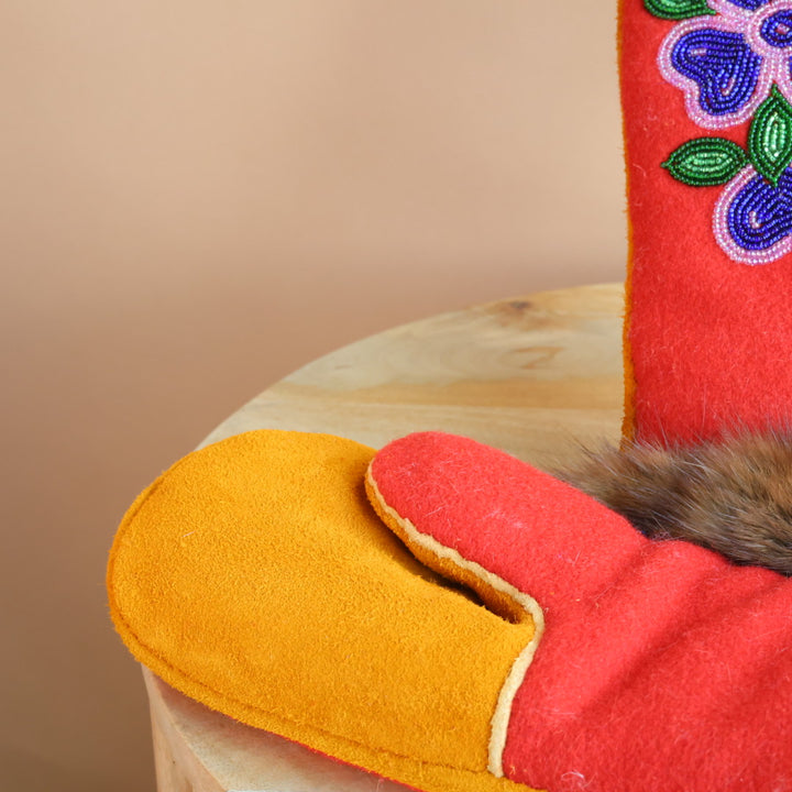 Emily J. Red Felt & Beaver Pelt Moose Hide Mittens