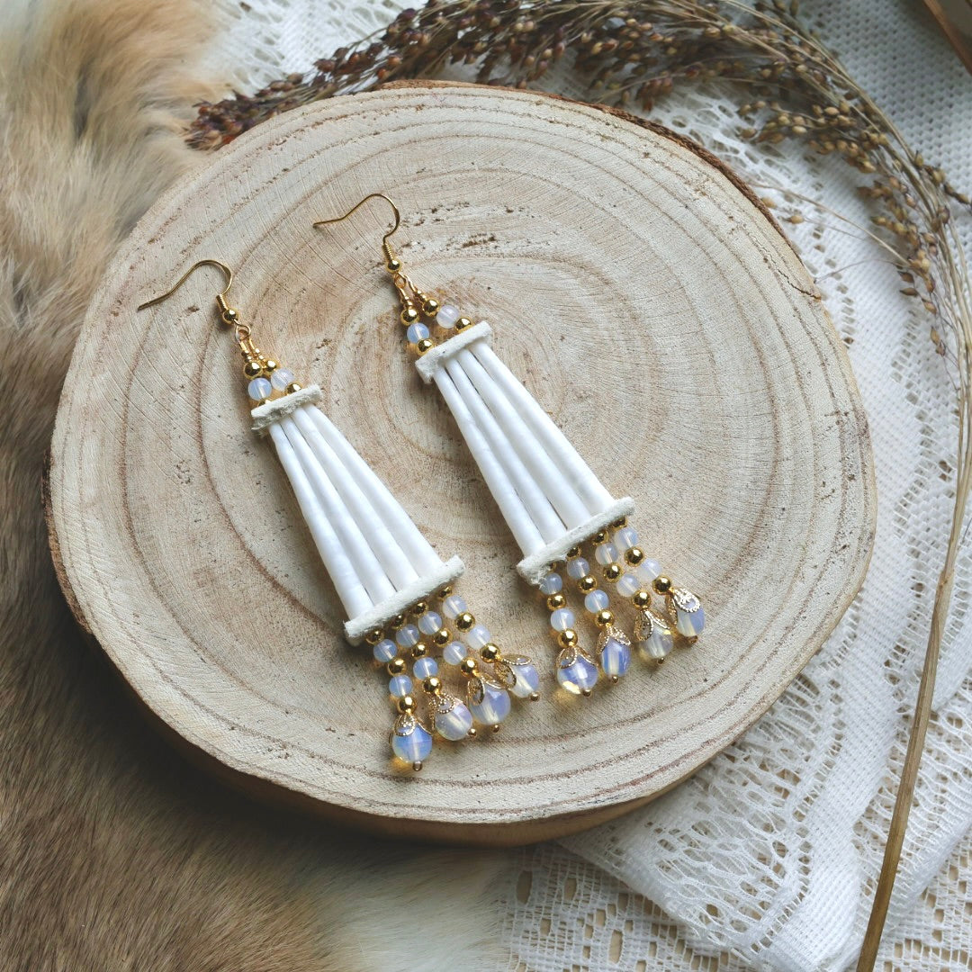 Prairie Sage Beadwork Opal Dentallium Drop Earrings