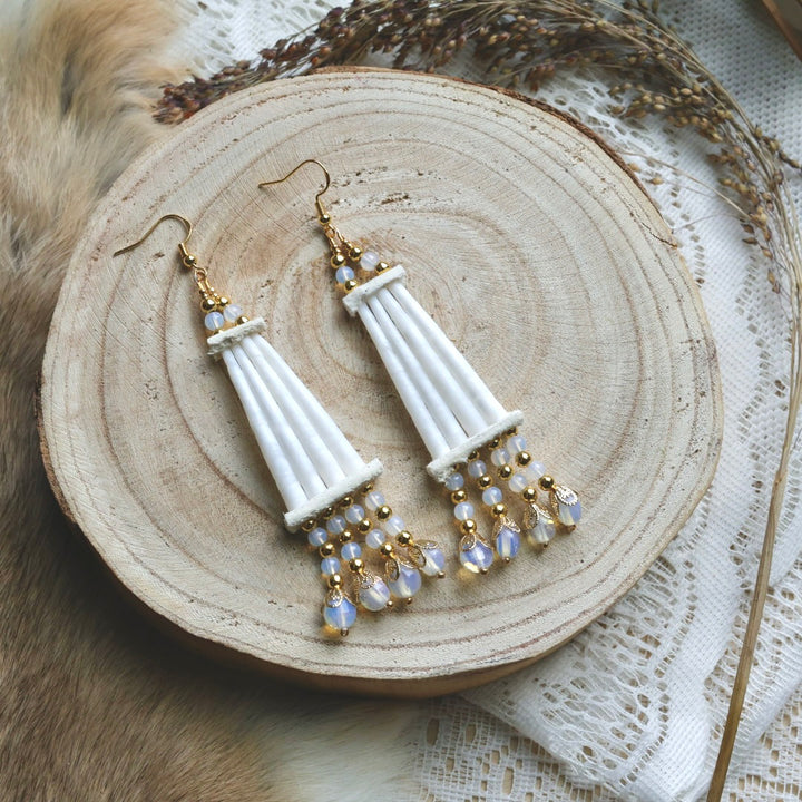 Prairie Sage Beadwork Opal Dentallium Drop Earrings