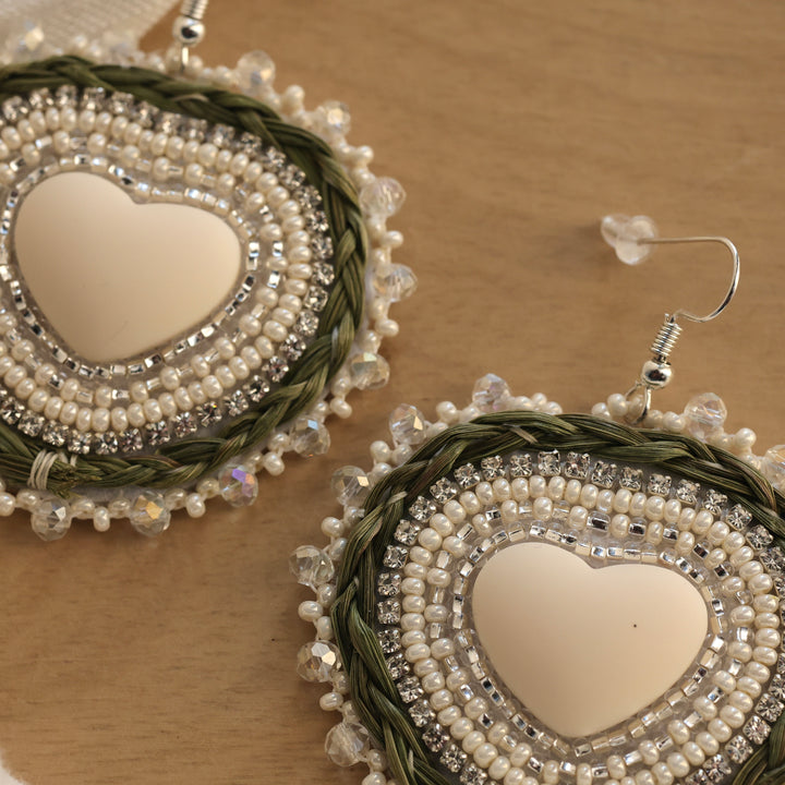 Nikki P. Braided Sweetgrass Beaded Heart Earrings