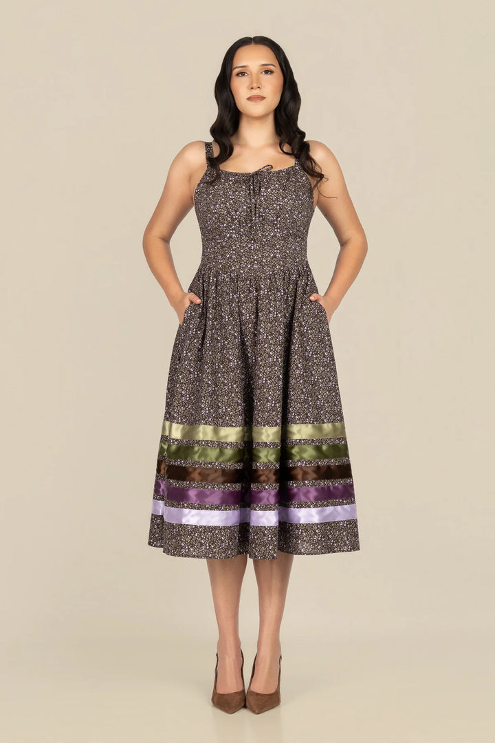 B. YELLOWTAIL Corset Midi Ribbon Dress- Brown