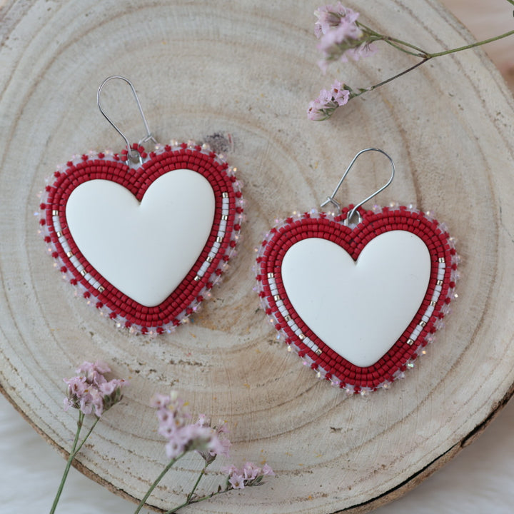 Sweetgrass Woman Creations Cream & Red Heart Beaded Earrings