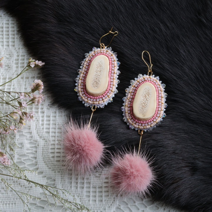 Flower and Crow Beaded Deer Antler Earrings