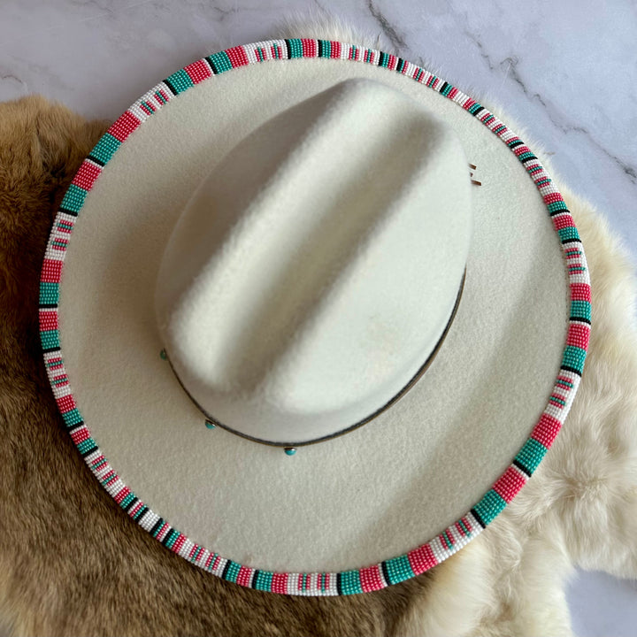 Shelley M Cream Beaded Brim Cowboy Hat with Turquoise Band