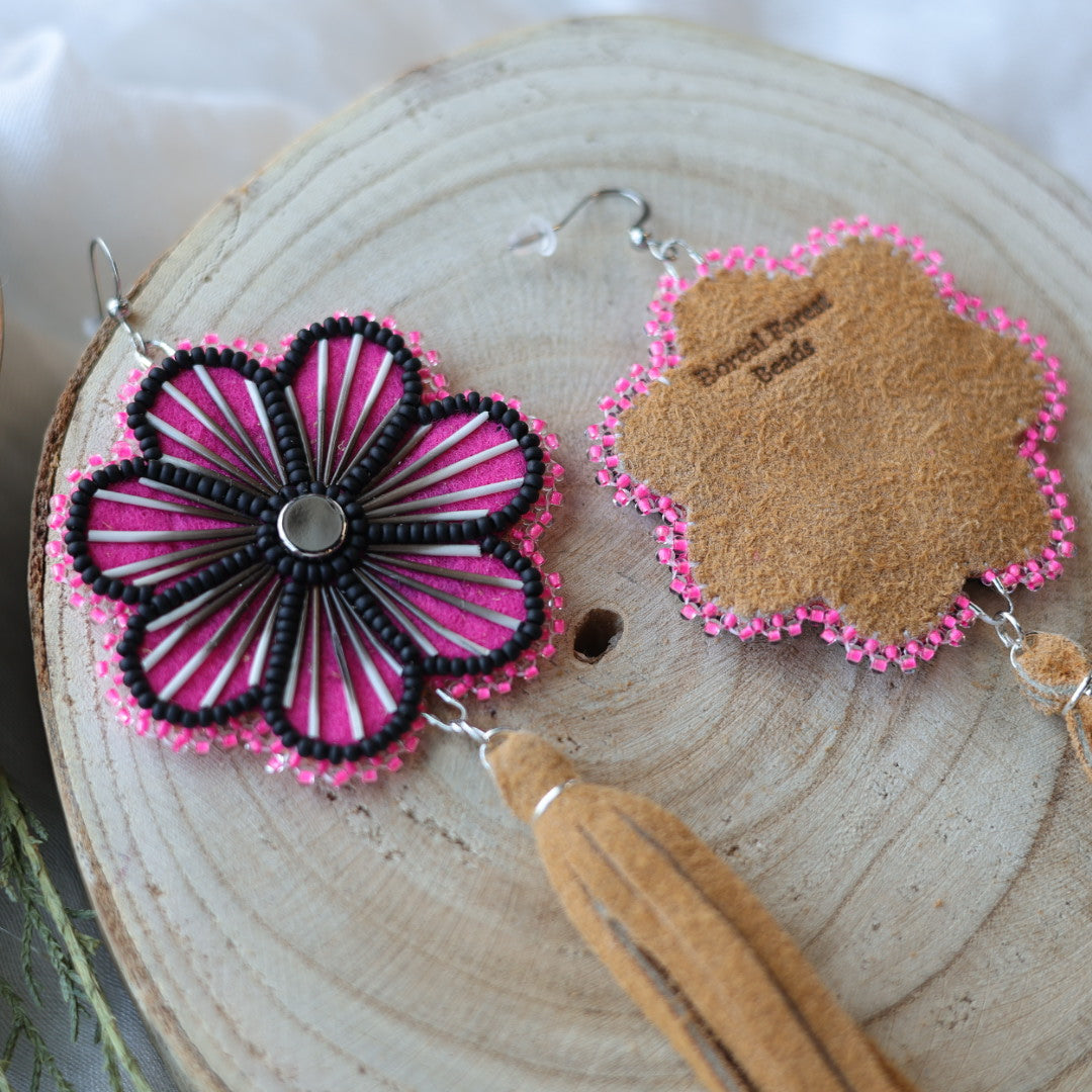 Boreal Forest Beads Floral Moose Hide Tassel Earrings