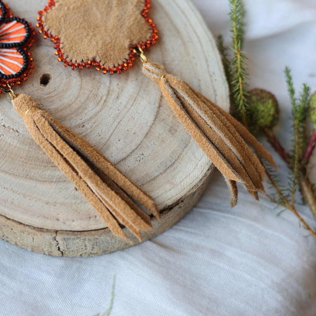Boreal Forest Beads Floral Moose Hide Tassel Earrings