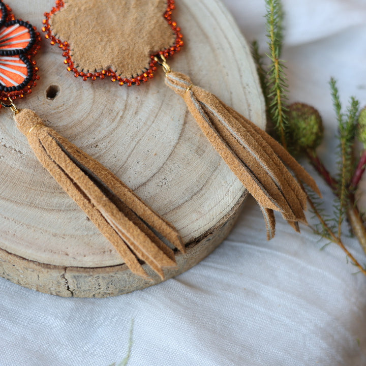 Boreal Forest Beads Floral Moose Hide Tassel Earrings