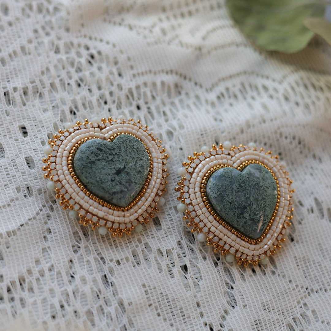 Prairie Sage Beadwork Moss Agate Stone Beaded Earrings