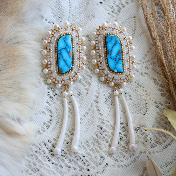 Prairie Sage Beadwork Turquoise and Dentalium Drop Earrings