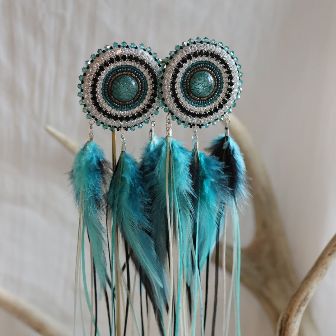 Beaded Blends XL Turquoise Beaded Statement Feather Earrings