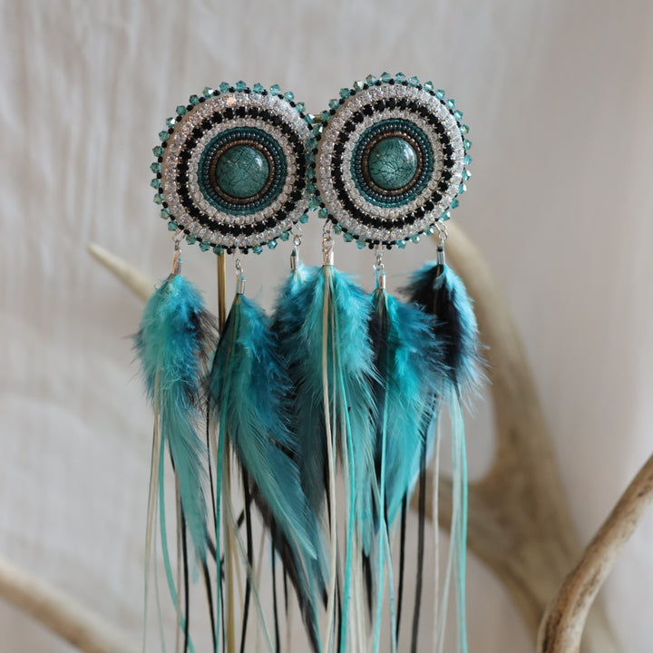 Beaded Blends XL Turquoise Beaded Statement Feather Earrings