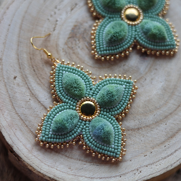 Prairie Sage Beadwork Four Petal Tufted Floral Earrings