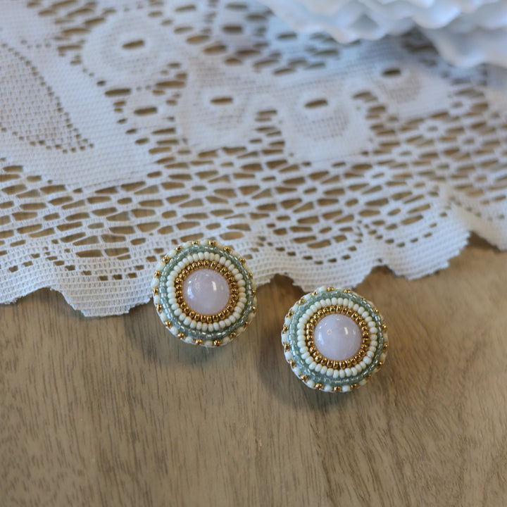 Emmiline Beadz Rose Quartz & Golden Beaded Earrings