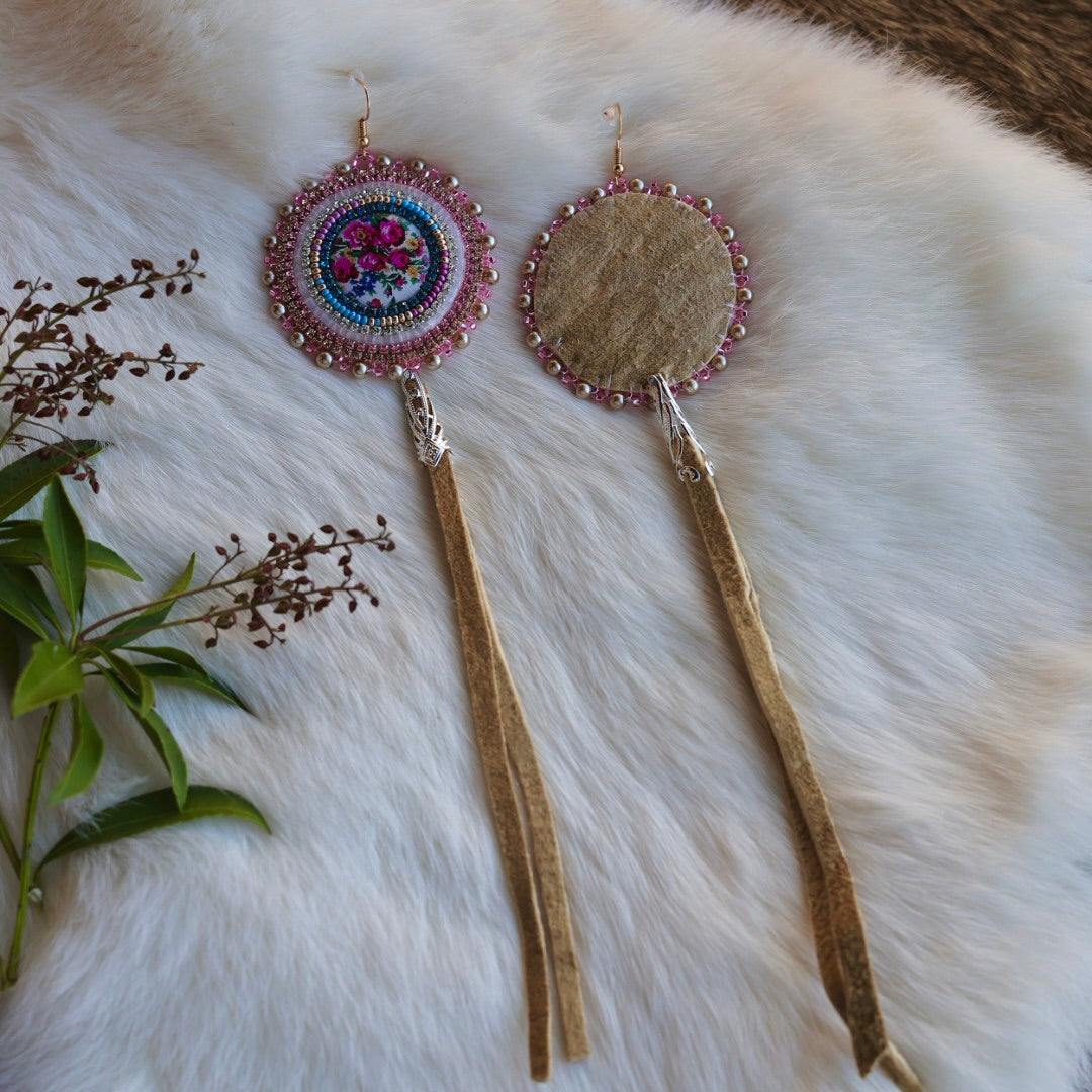 Mercedes G. Large Kokum Floral Beaded Earrings With Moose Hide Tassels