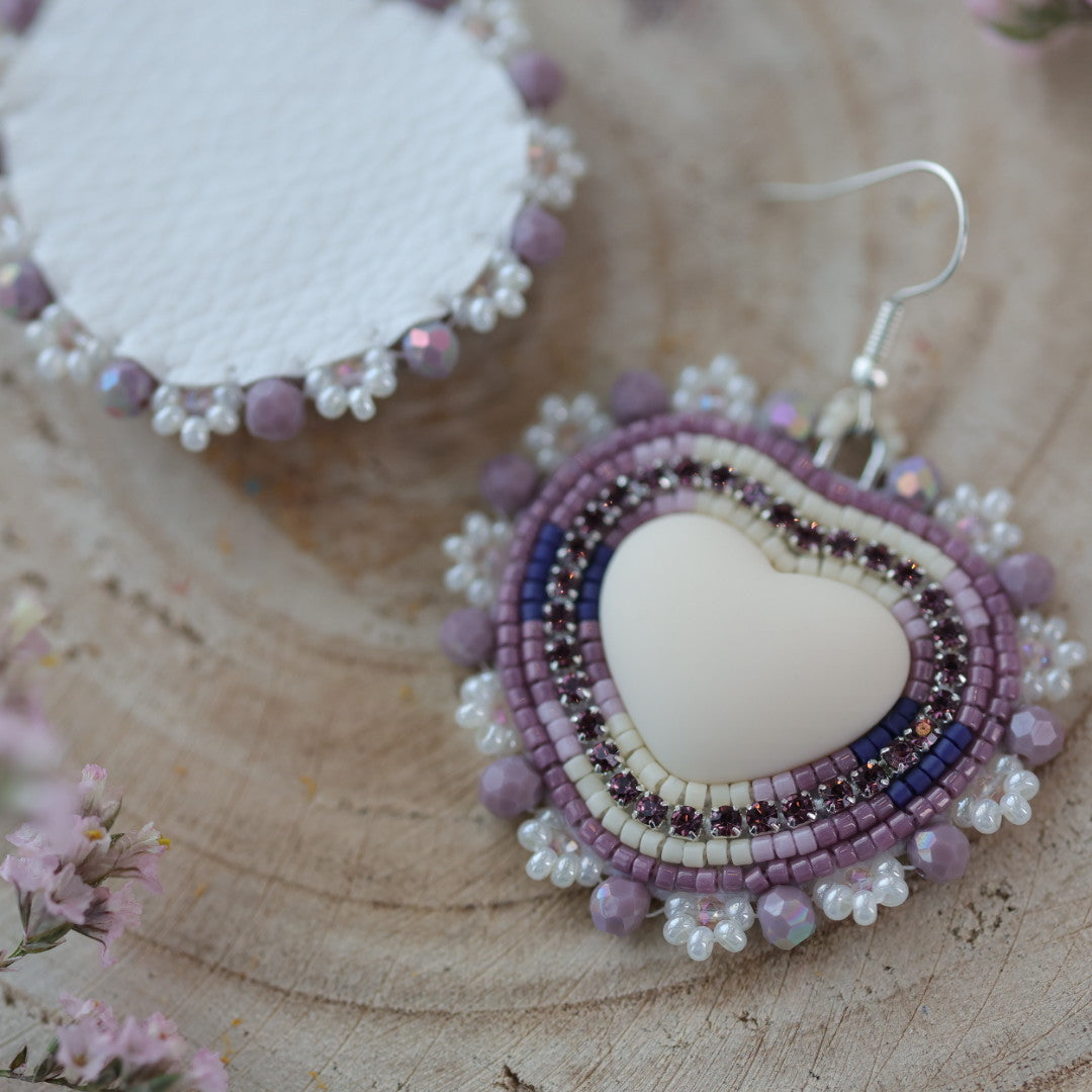 Sweetgrass Woman Creations Cream & Purple Heart Beaded Earrings