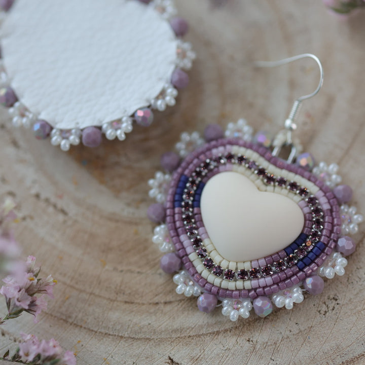 Sweetgrass Woman Creations Cream & Purple Heart Beaded Earrings