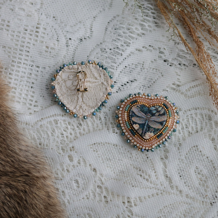 Prairie Sage Beadwork Teal Dragonfly Heart Beaded Earrings