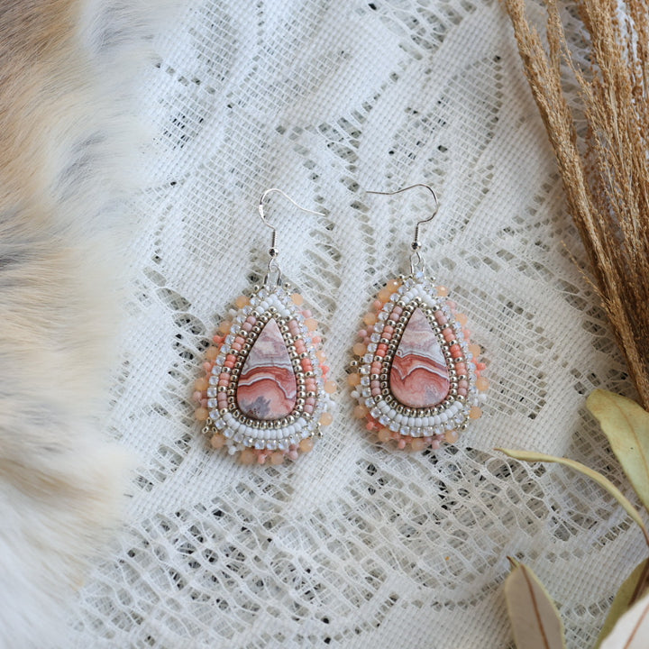 Prairie Sage Beadwork Peach Crazy Lace Agate Teardrop Beaded Earrings