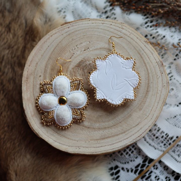 Prairie Sage Beadwork Tufted White Floral Earrings