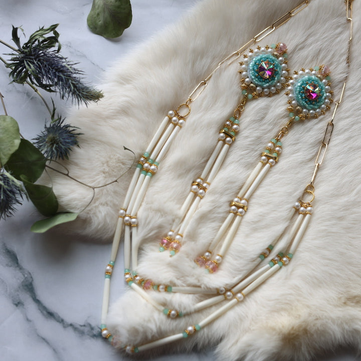 Kristina Cardinal Mint Beaded Earrings & Necklace