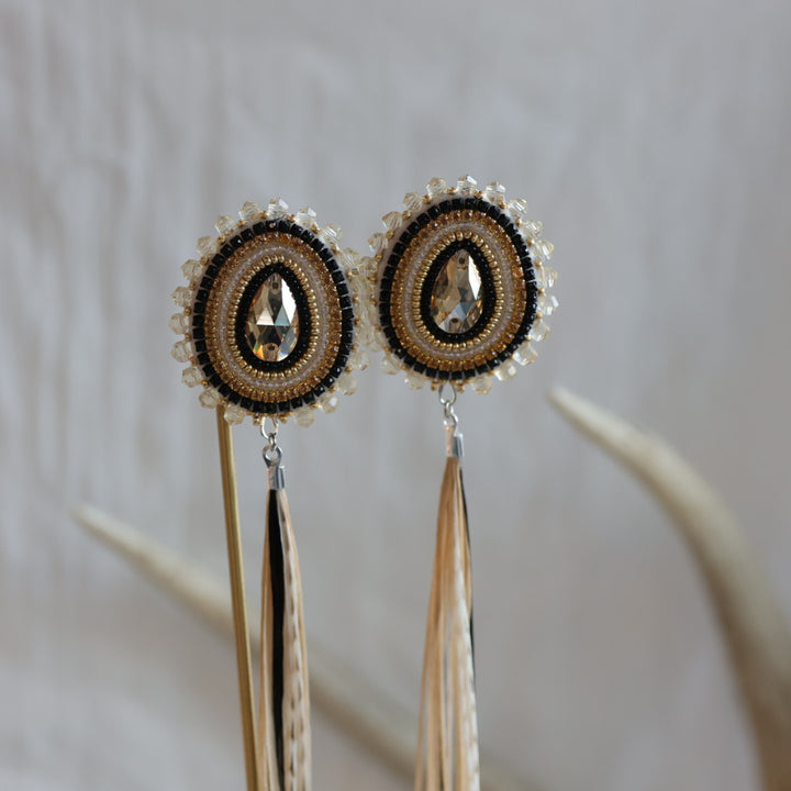 Beaded Blends Gold Beaded Single Strand Statement Feather Earrings