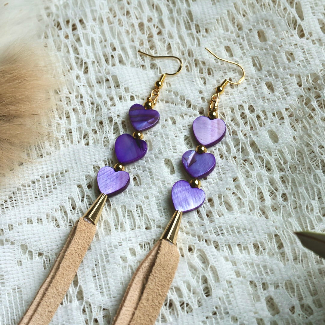 Prairie Sage Beadwork Dyed Mother of Pearl & Deer Hide Tassel Earrings