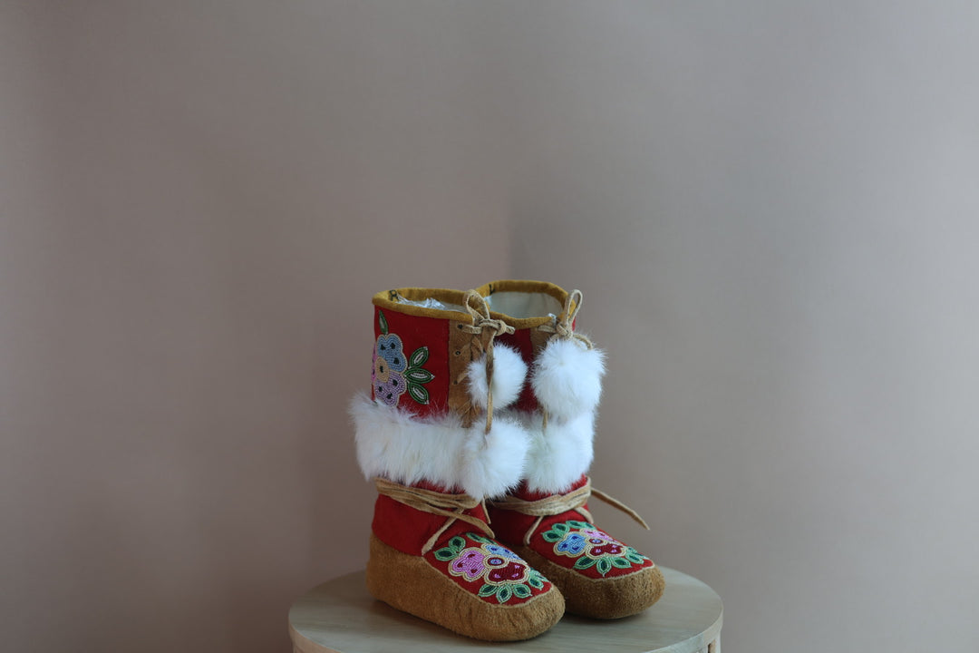 Emily J. Youth Red Felt & Moose Hide Mukluks