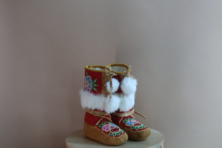 Emily J. Youth Red Felt & Moose Hide Mukluks