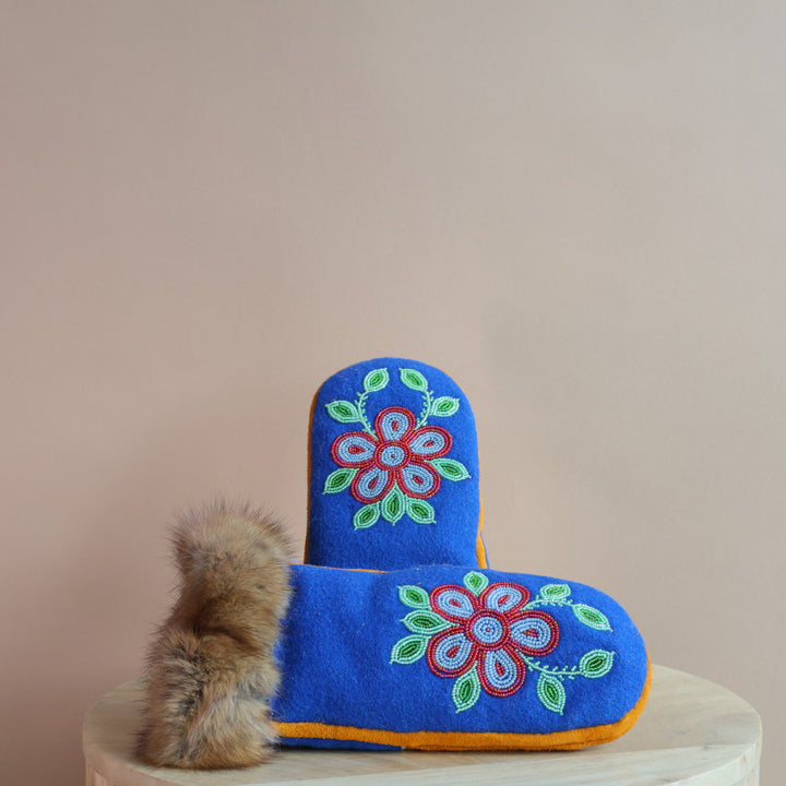 Emily J. Blue Felt & Beaver Pelt Moose Hide Mittens
