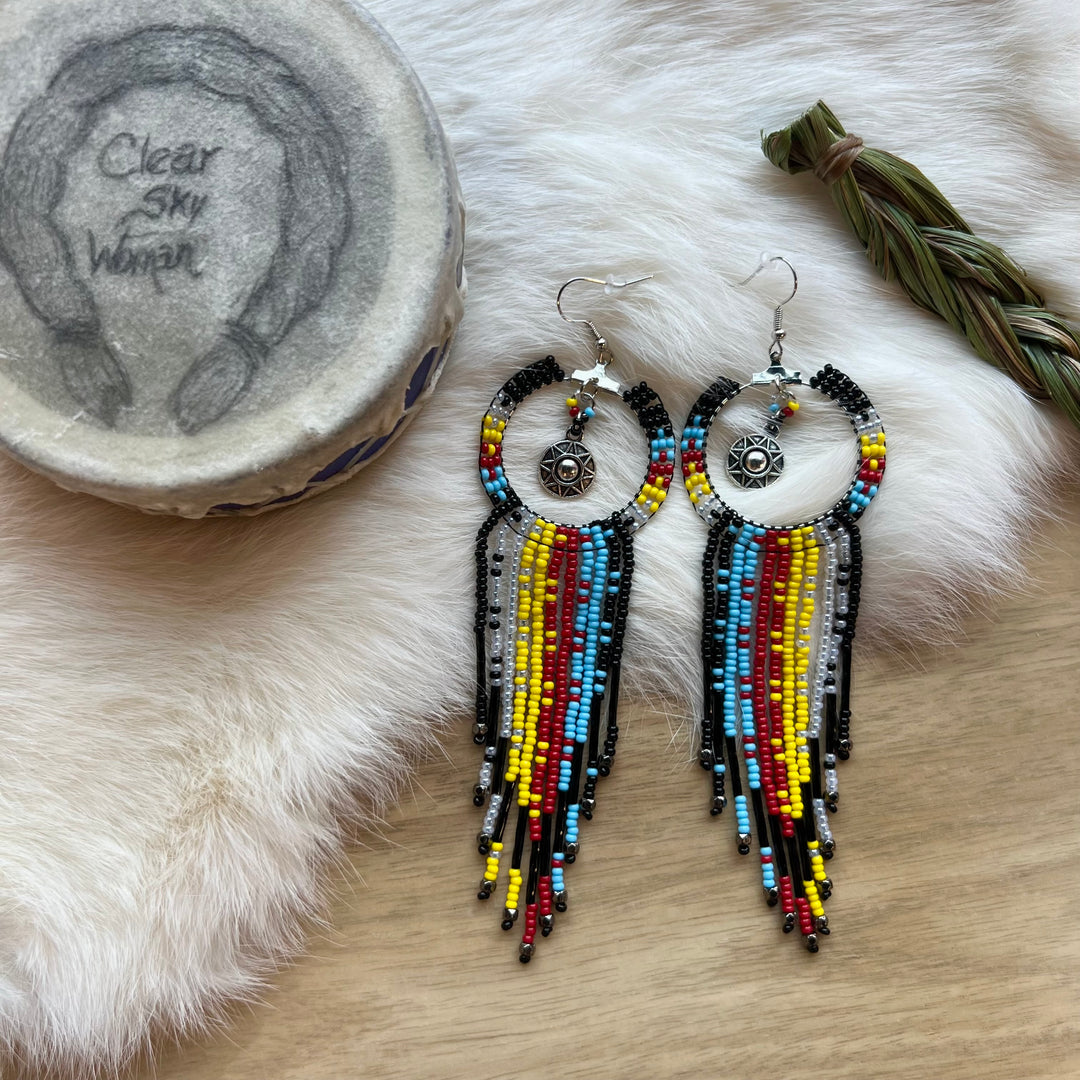 Clear Sky Woman Medicine Wheel Fringe & Charm Earrings