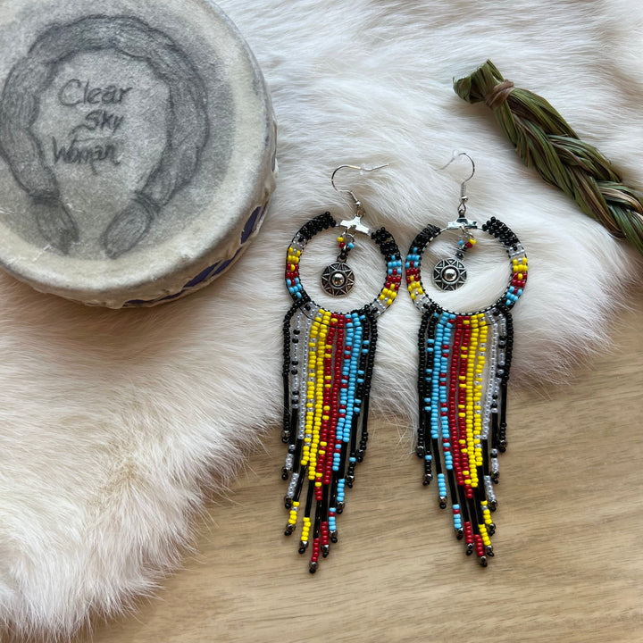 Clear Sky Woman Medicine Wheel Fringe & Charm Earrings