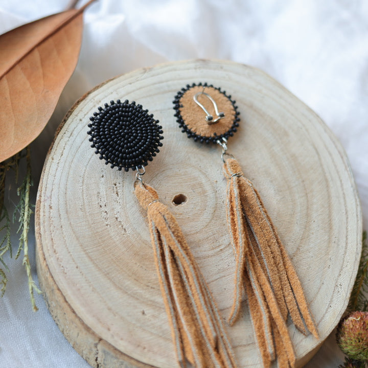 Boreal Forest Beads Simple Beaded Moose Hide Tassel Earrings