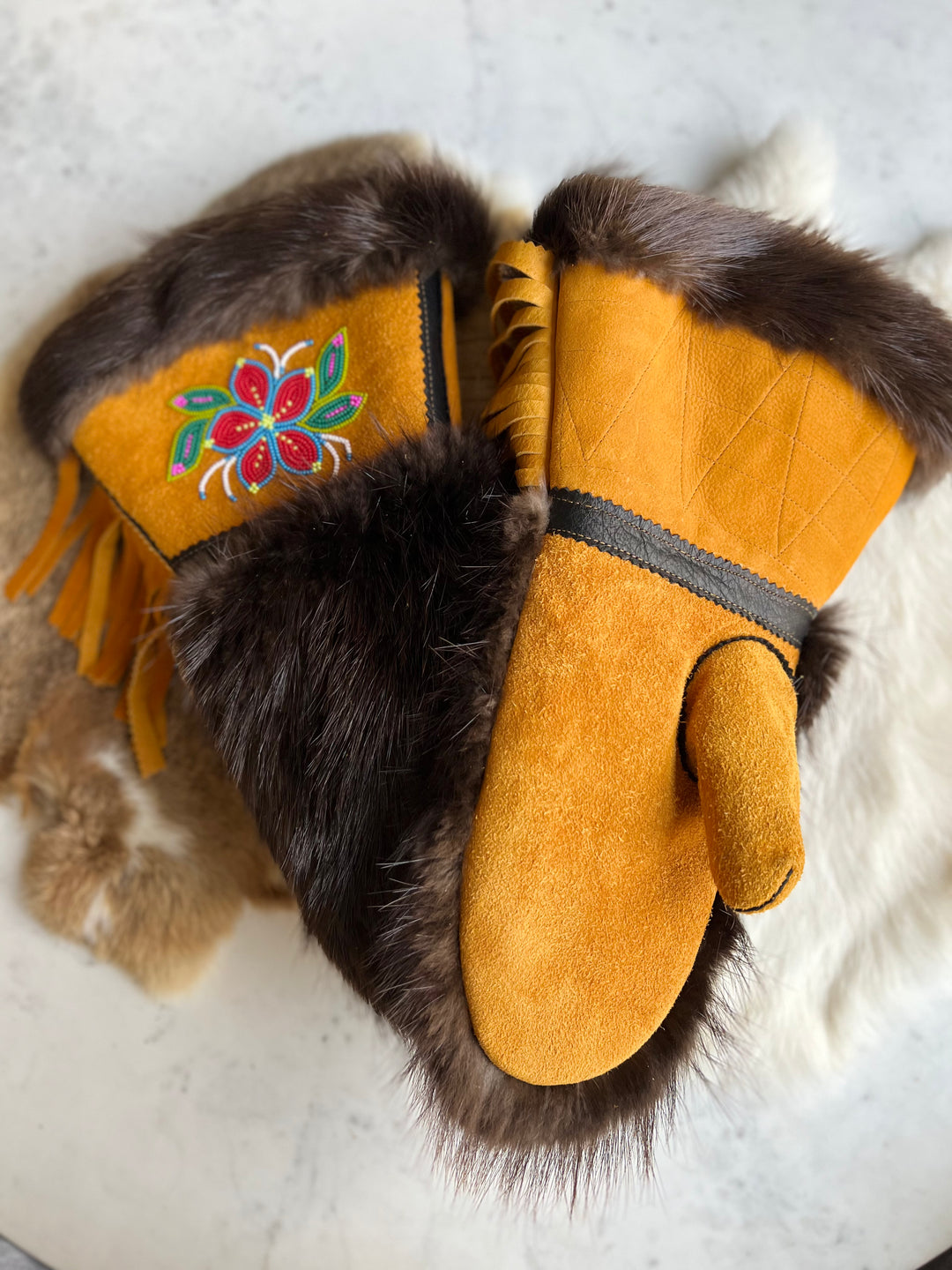 Caroline M. Beaded Flower Moose Hide Gauntlets