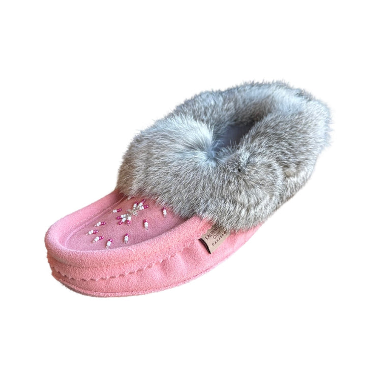 Laurentian Chief Ladies Fur Trimmed Moccasins Star Beaded Pattern